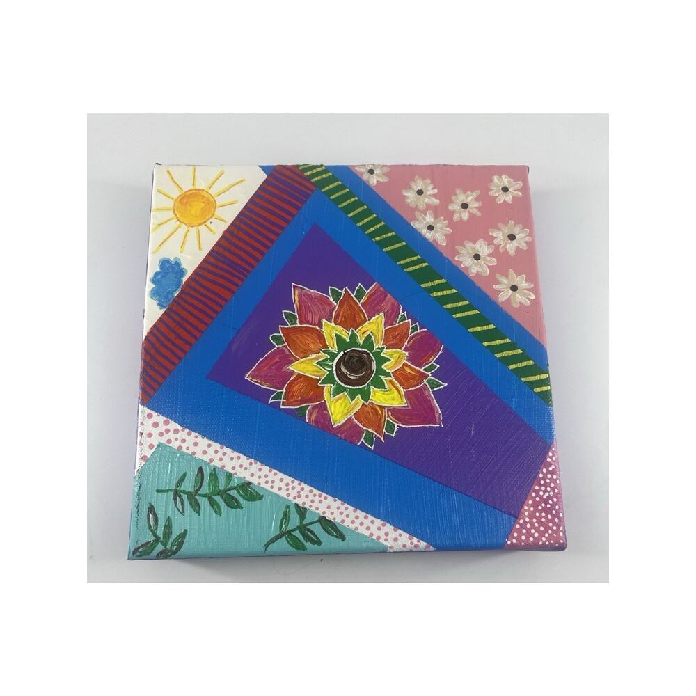 Handmade Acrylic Painting Canvas Square Abstract Mulitcolor Floral 7.5"x8"x1.5"